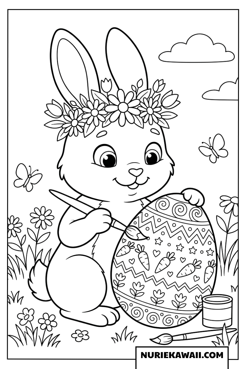 花冠をかぶったうさぎがイースターエッグを描く塗り絵
