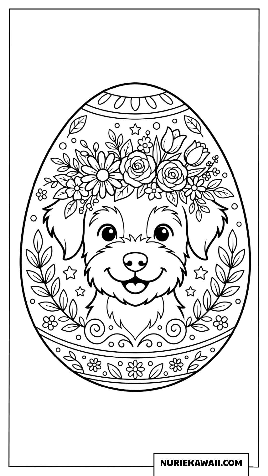 花冠をかぶった可愛い子犬と華やかなイースターエッグの塗り絵