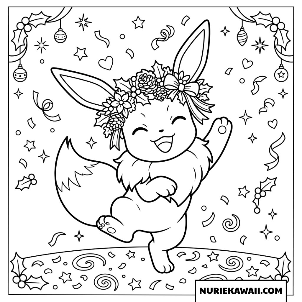 花冠をかぶって楽しそうに踊るイーブイの可愛い塗り絵