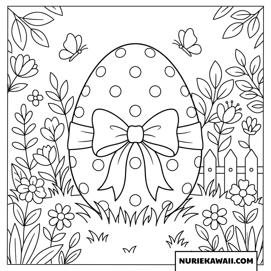 花園にある大きなリボンの水玉イースターエッグ塗り絵