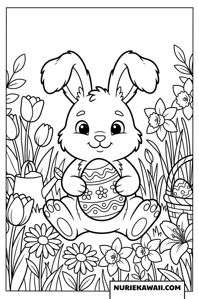 花園のイースターウサギとエッグバスケット 塗り絵