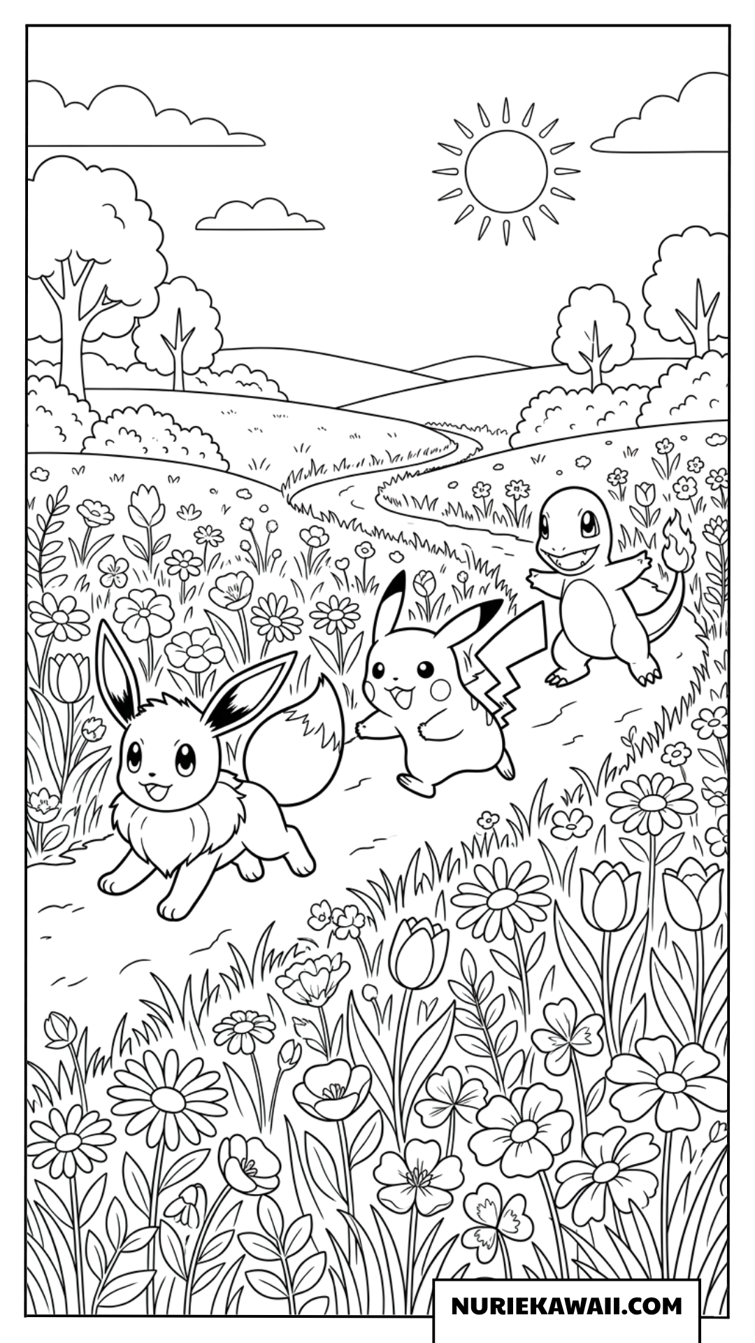 花畑でピカチュウやヒトカゲと競走するイーブイの塗り絵