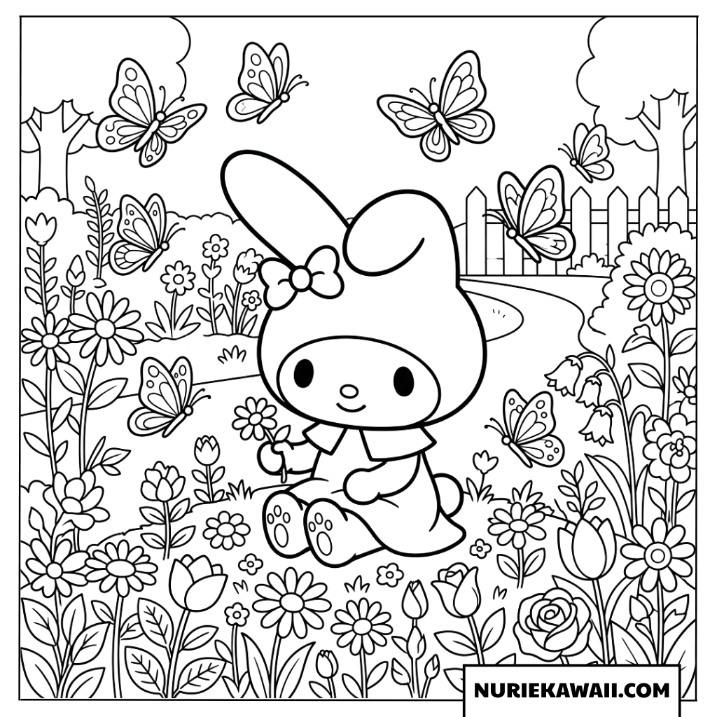 花畑と蝶々に囲まれたマイメロディの楽しい塗り絵