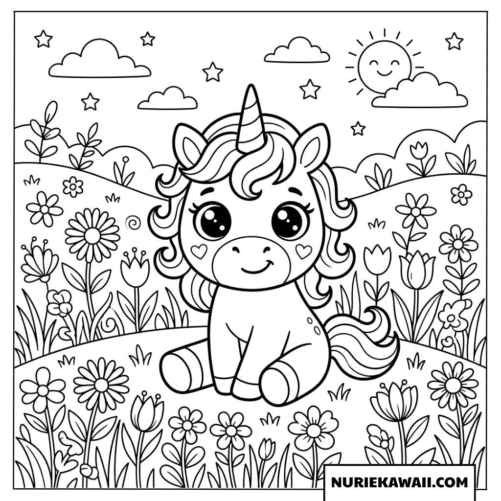 花畑に座る子ユニコーンの塗り絵