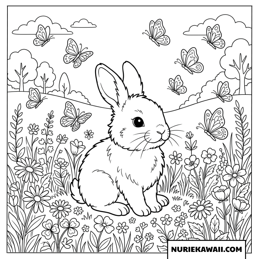 花畑を散歩するウサギの塗り絵