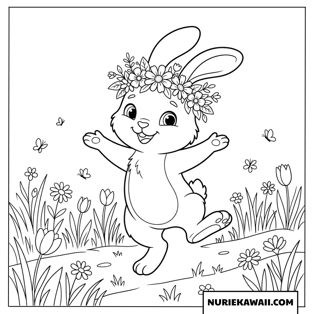 花道を楽しく踊るイースターバニーの可愛い塗り絵