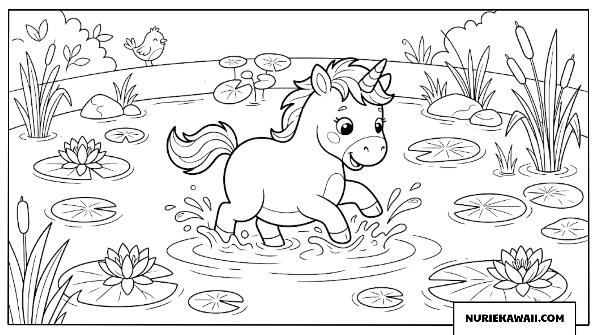 蓮の池で水遊びをする子ユニコーンの塗り絵