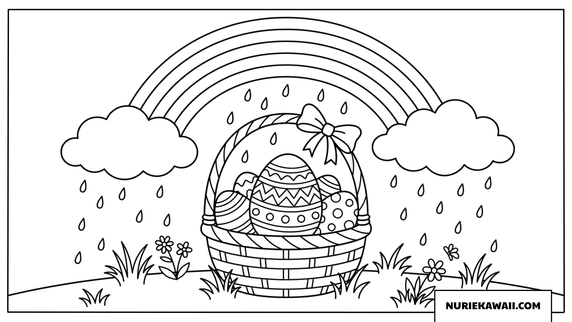 虹と恵みの雨が降り注ぐ可愛いイースターエッグバスケットの塗り絵