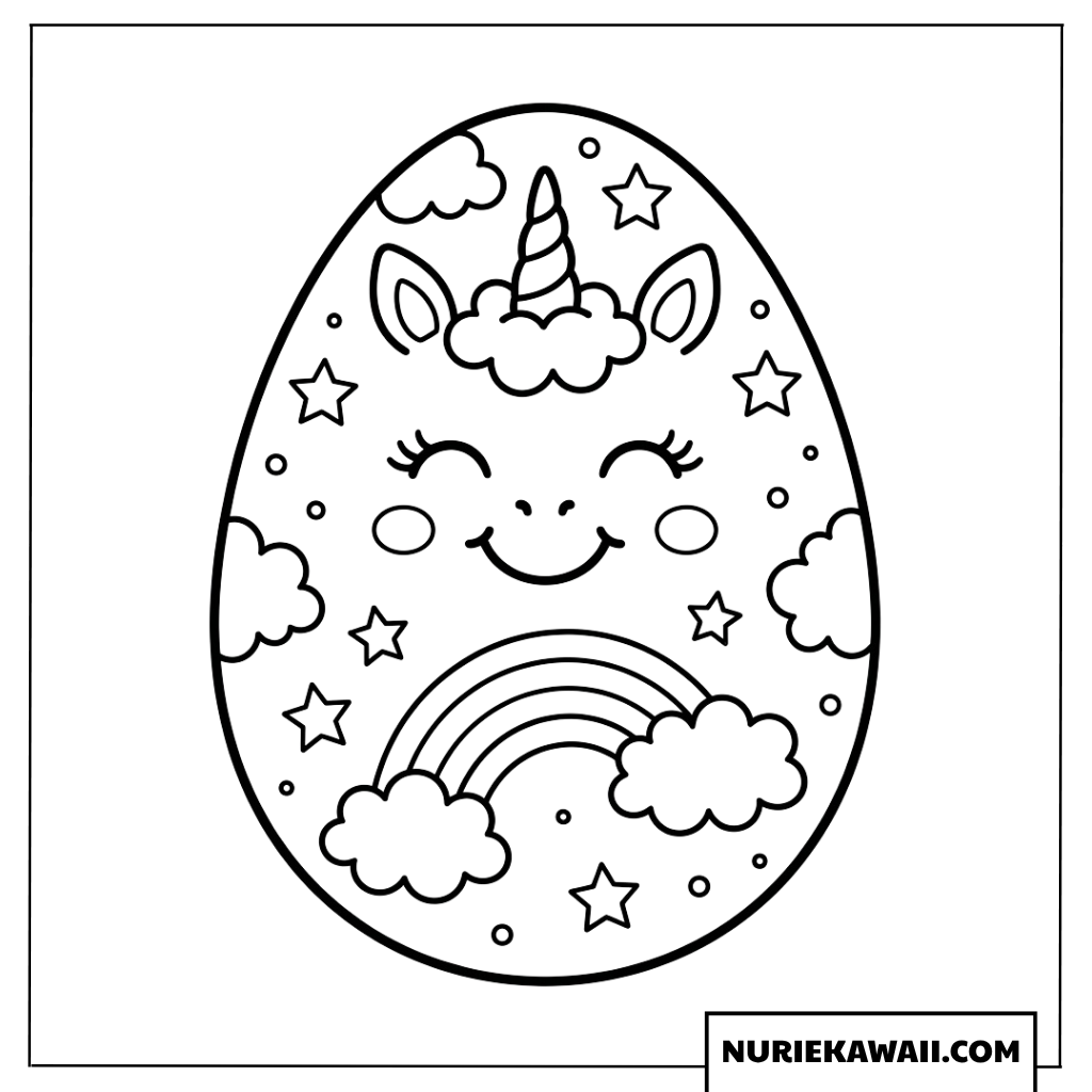 虹と星空を飛ぶ可愛いユニコーンのイースターエッグ塗り絵