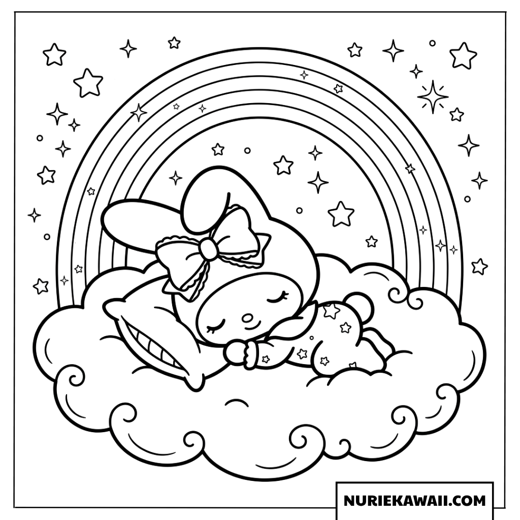 虹の下でふわふわの雲に乗って眠るマイメロディの塗り絵