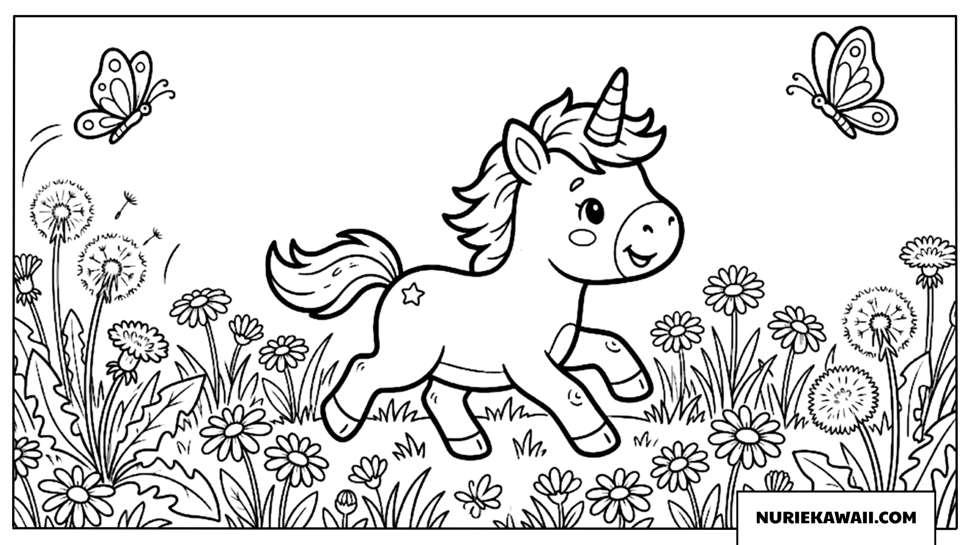 蝶々と追いかけっこする子ユニコーンの塗り絵