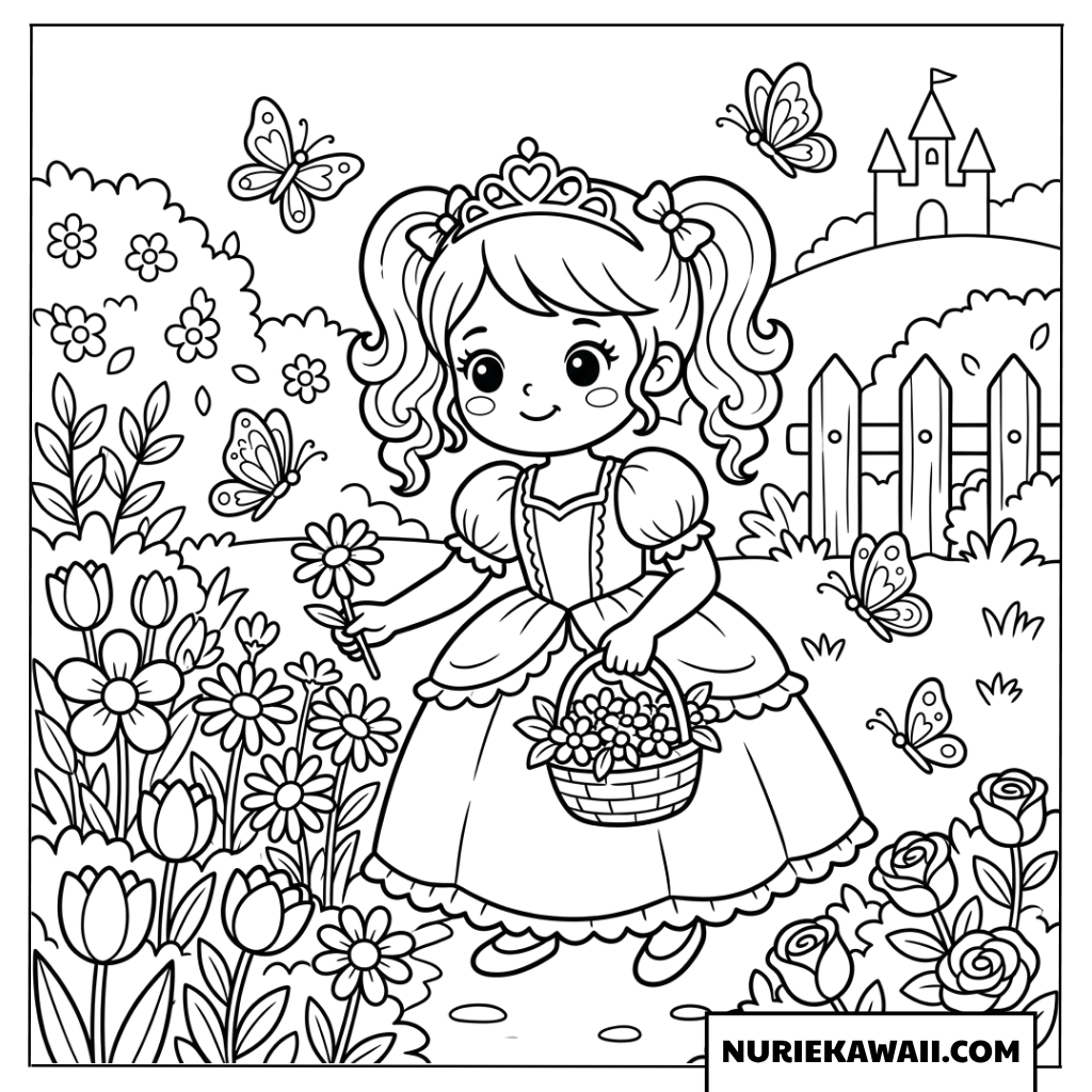 蝶とお城のある庭で花を摘むプリンセスの塗り絵