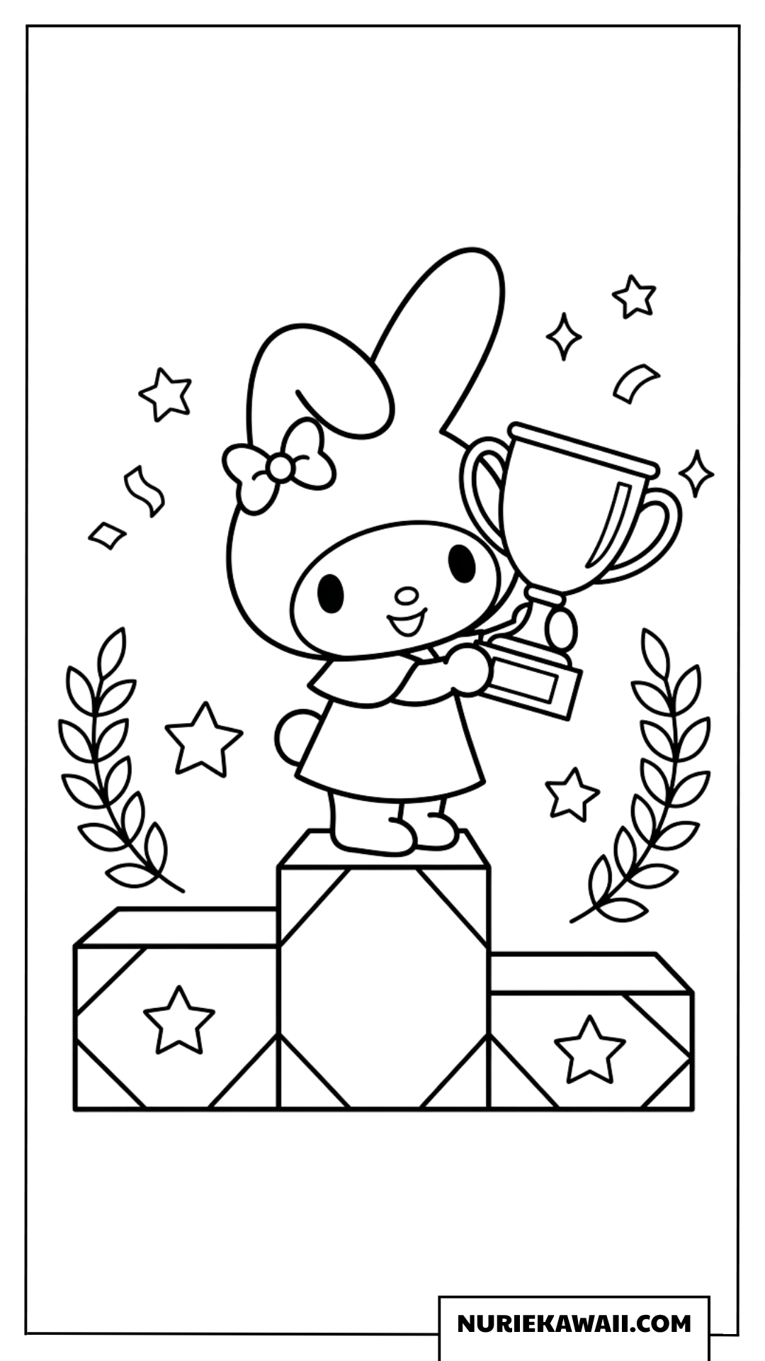 表彰台に立ち優勝カップを掲げるマイメロディの塗り絵