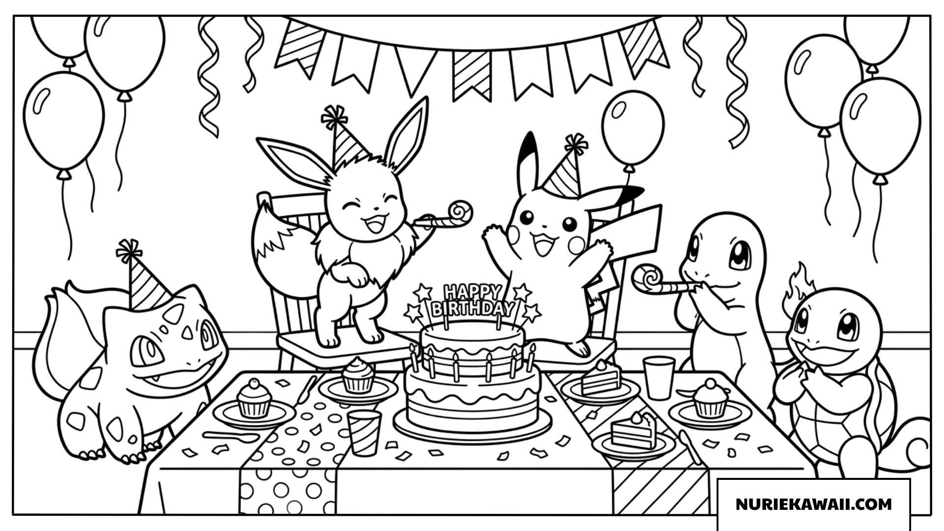 誕生日の記念に仲間たちと集合写真を撮るイーブイの塗り絵