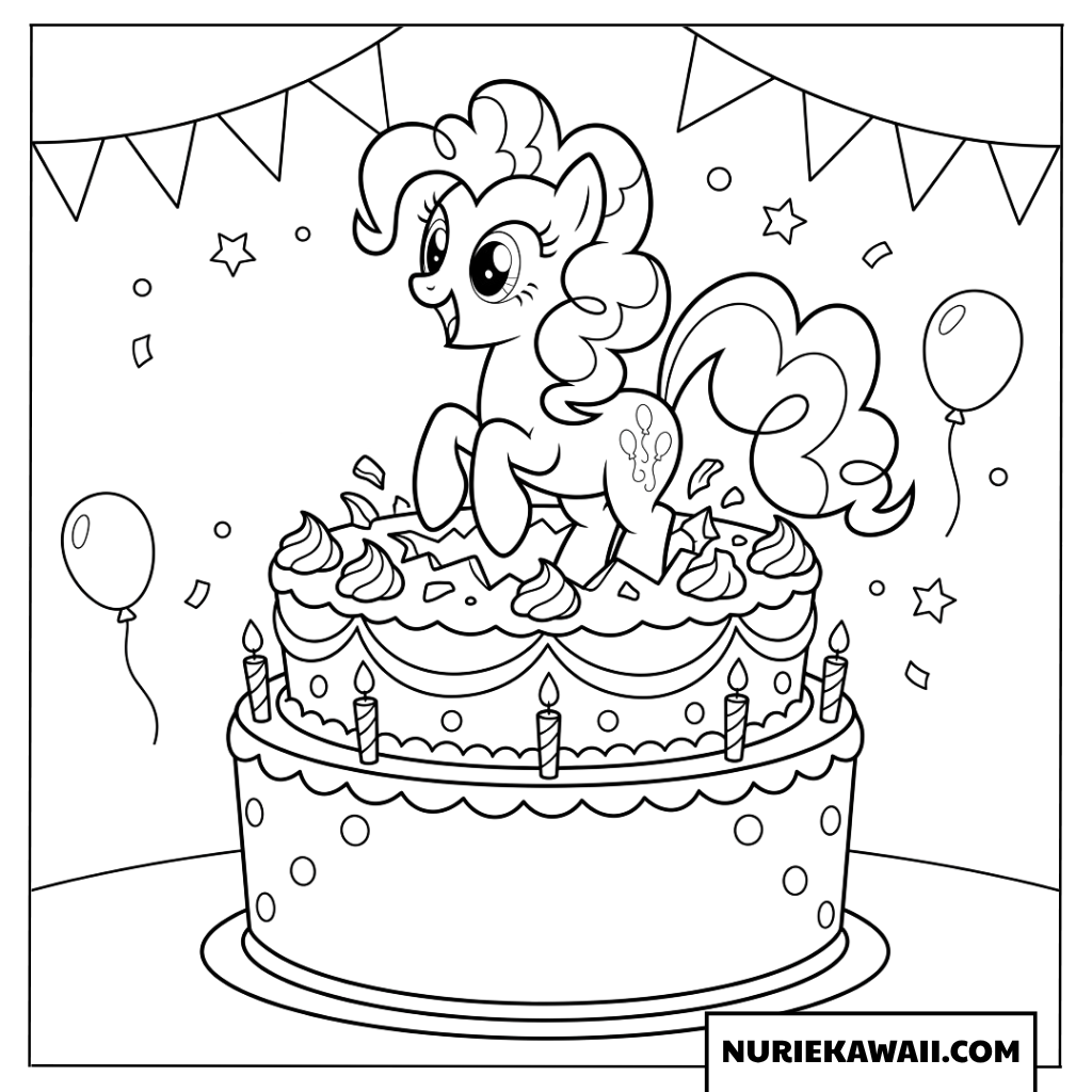 誕生日ケーキから飛び出すピンキーパイの楽しい塗り絵