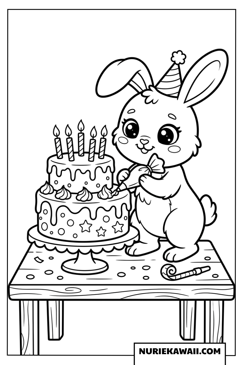 誕生日ケーキのデコレーションをするかわいいウサギの塗り絵