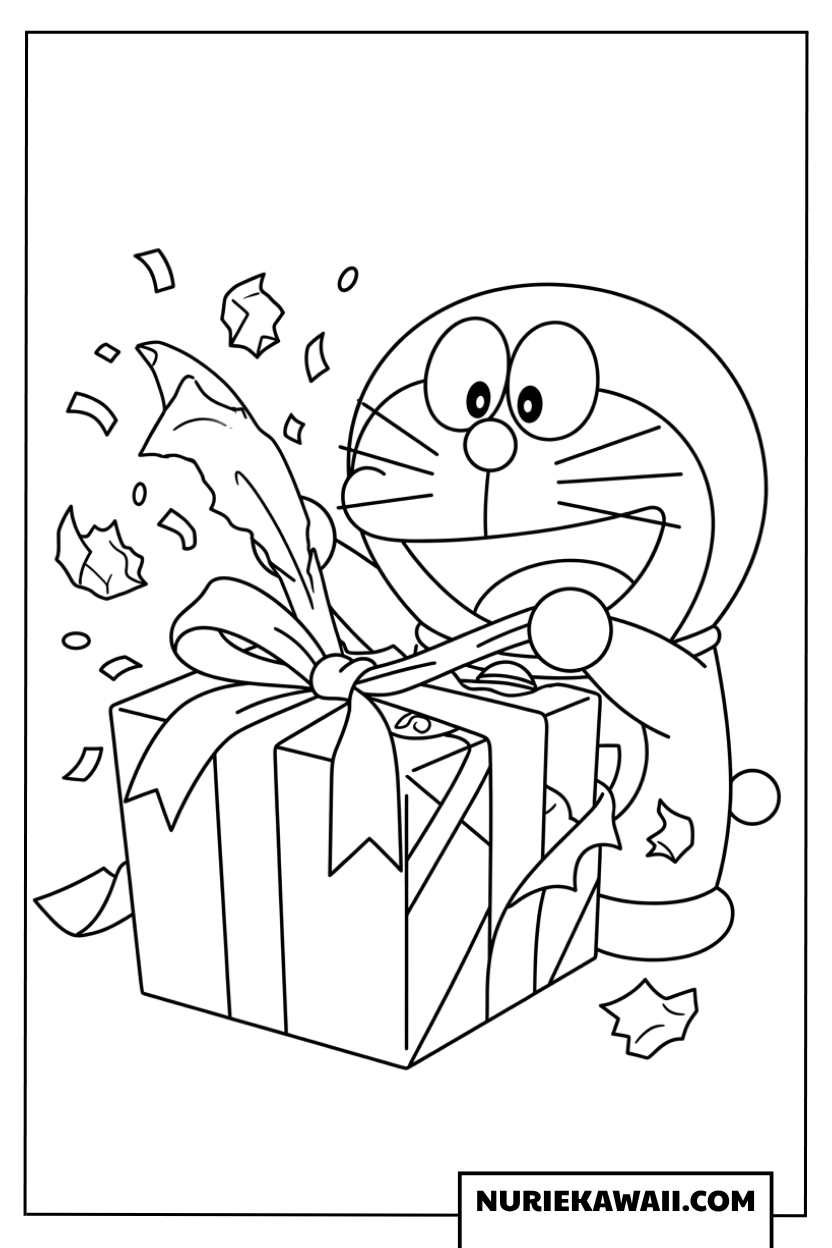 誕生日プレゼントの包装紙を元気に開けるドラえもんの塗り絵