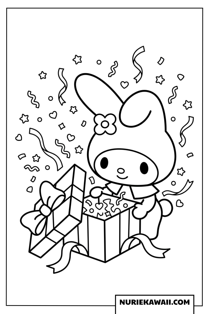 誕生日プレゼントを嬉しそうに開けるマイメロディの塗り絵