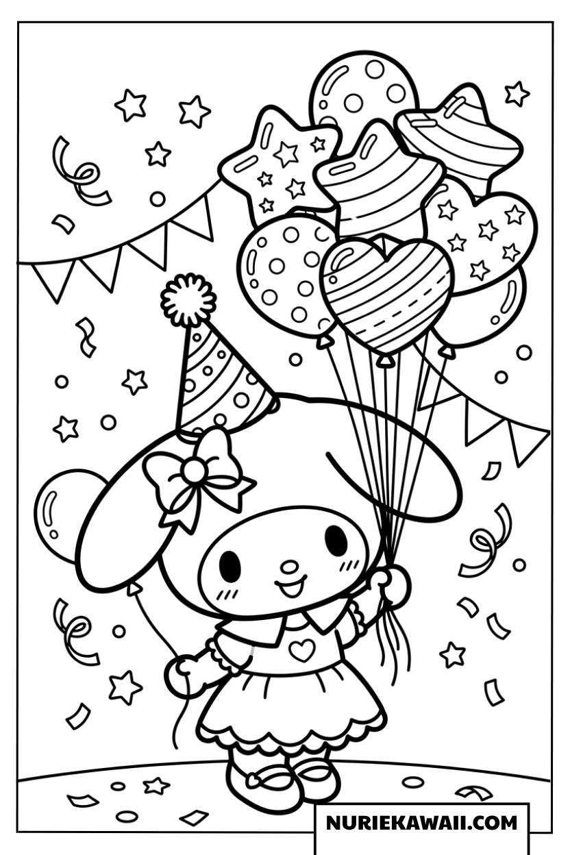 誕生日帽子を被ってたくさんの風船を持つマイメロディの塗り絵