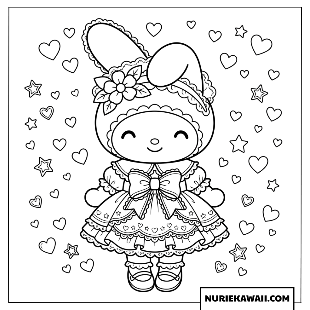 豪華なドレス姿でハートに囲まれたマイメロディの塗り絵