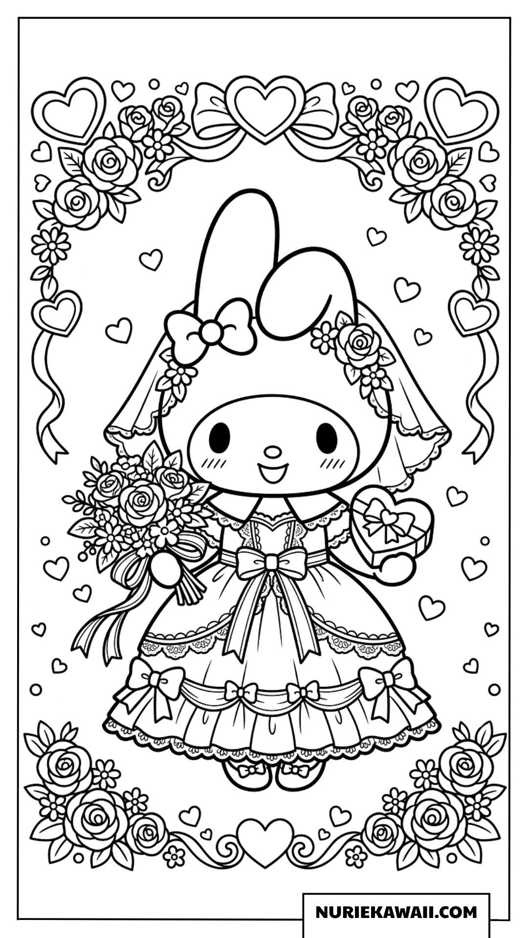 豪華なバラのフレームとウェディングドレス姿のマイメロディの塗り絵