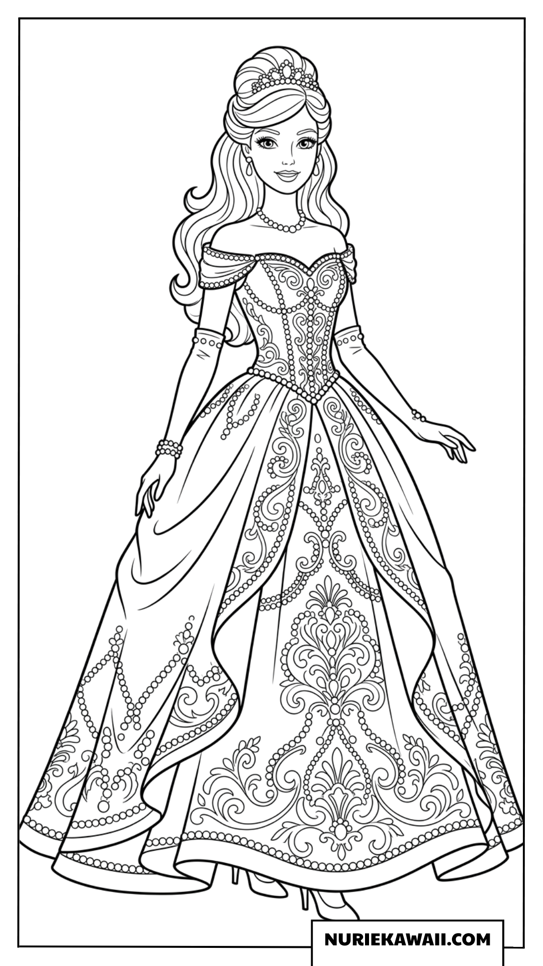豪華なロイヤルドレスを着たバービーの塗り絵