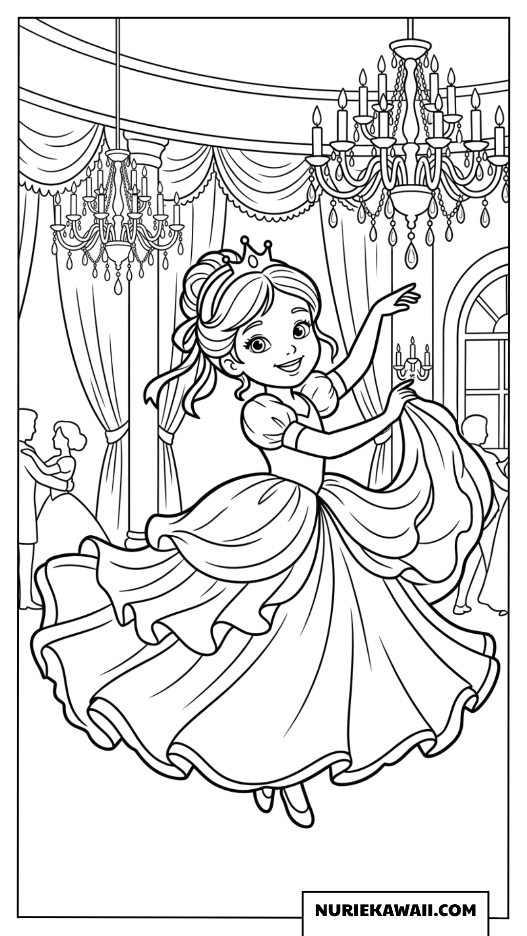 豪華な王宮の舞踏会で華麗に踊るプリンセスの塗り絵