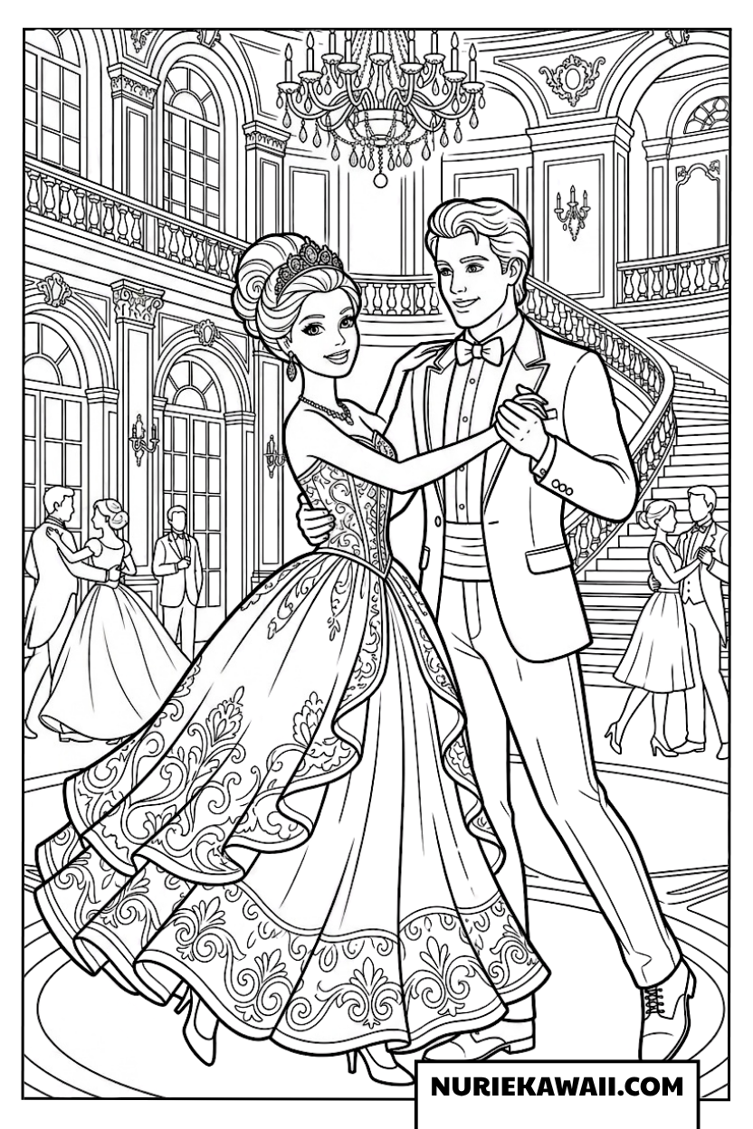 豪華な舞踏会で踊るバービーとケンの塗り絵
