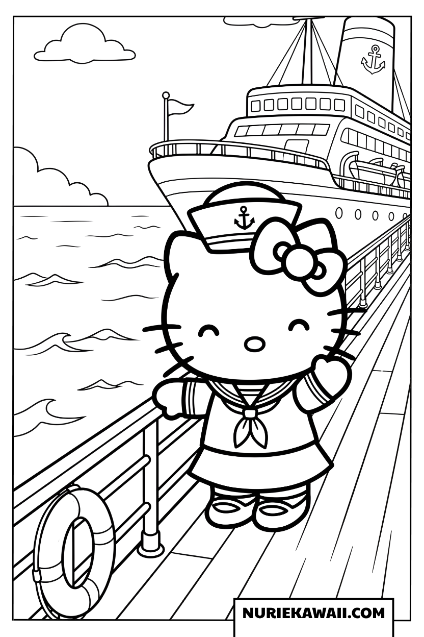 豪華客船のデッキで手を振るセーラー姿のハローキティの塗り絵