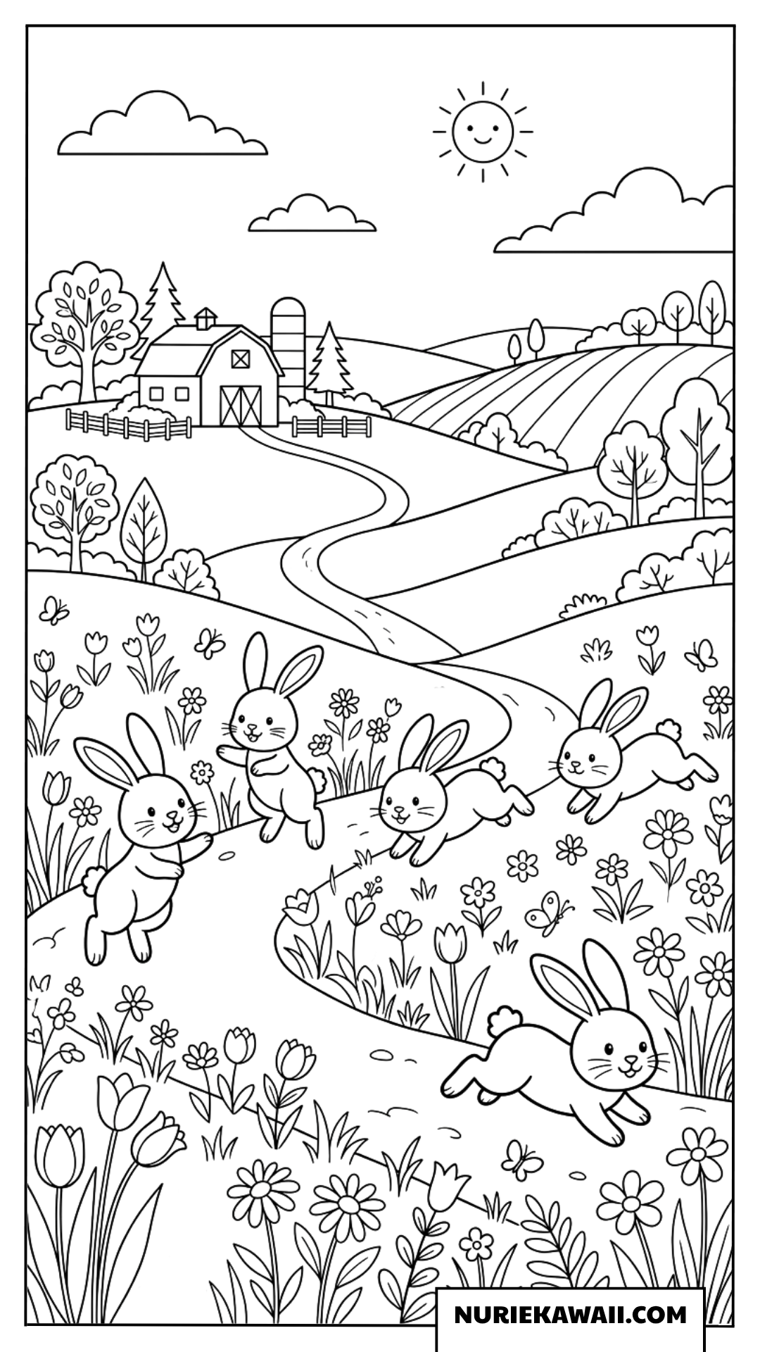 農場へ続く花道のイースターバニー 塗り絵