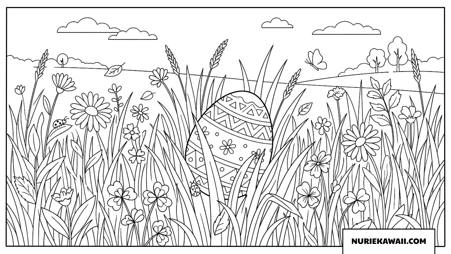 野花や草木に囲まれてかくれんぼをするイースターエッグの塗り絵