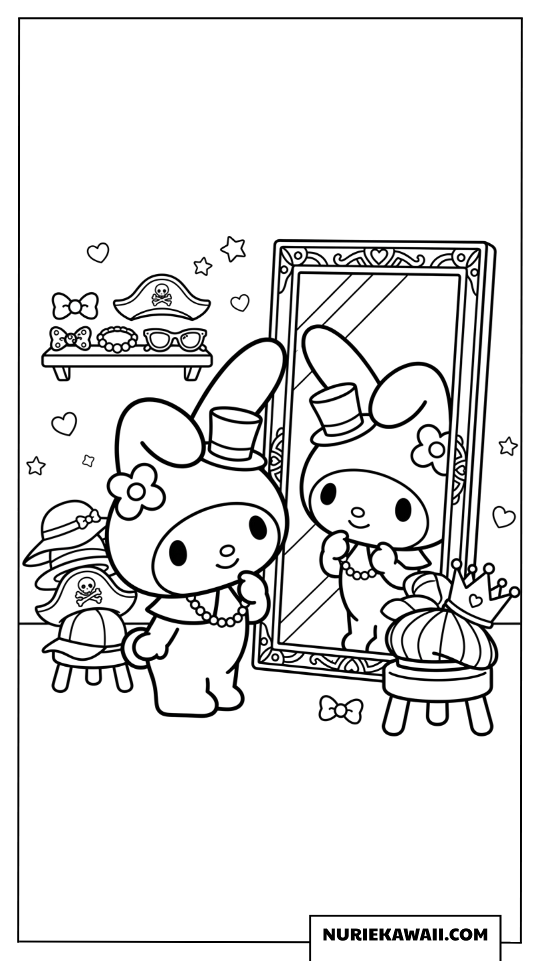 鏡の前でおしゃれなアクセサリーを試すマイメロディの塗り絵
