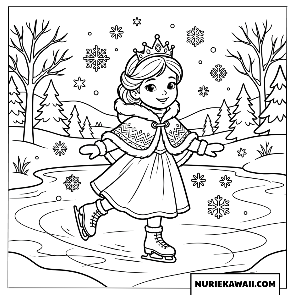 雪が降る中でアイススケートを楽しむ可愛い小さな王女の塗り絵