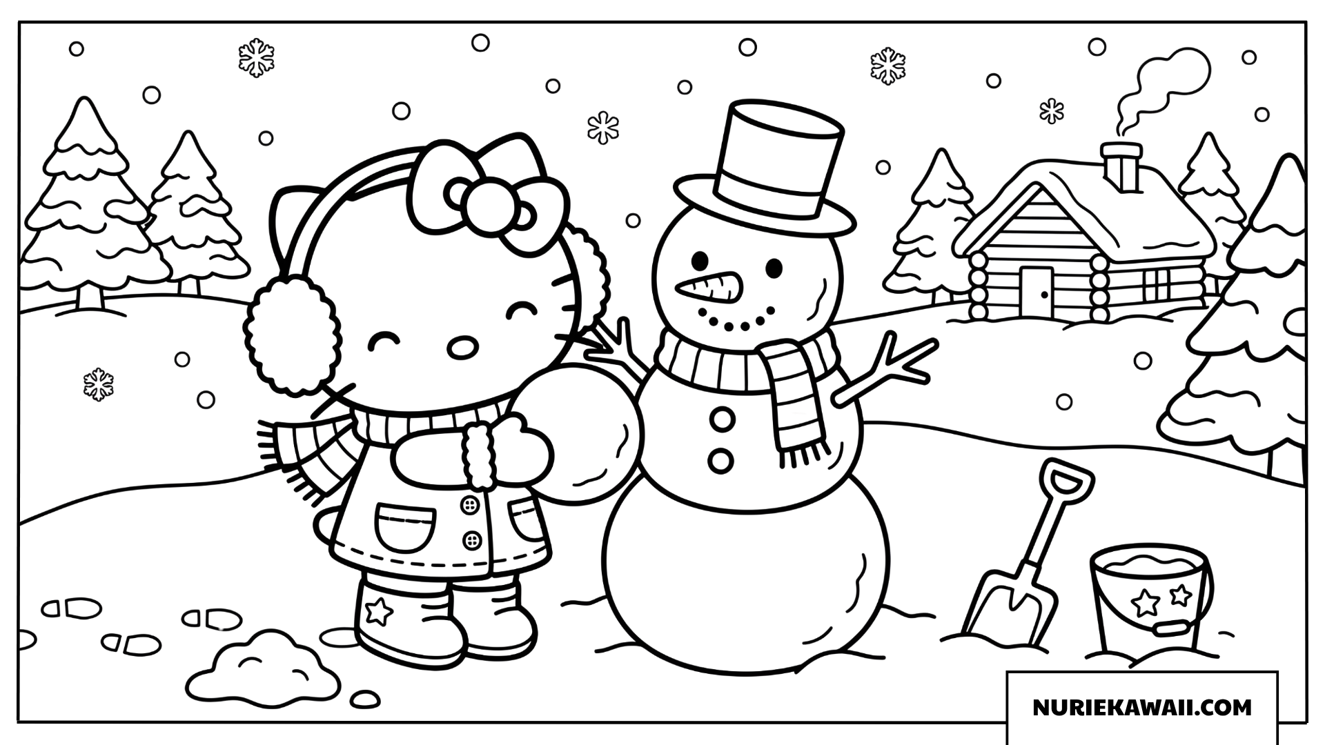 雪だるまと冬のファッションを楽しむハローキティの塗り絵