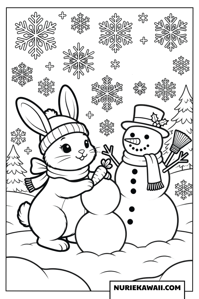 雪だるまと防寒着を着たウサギの冬の塗り絵