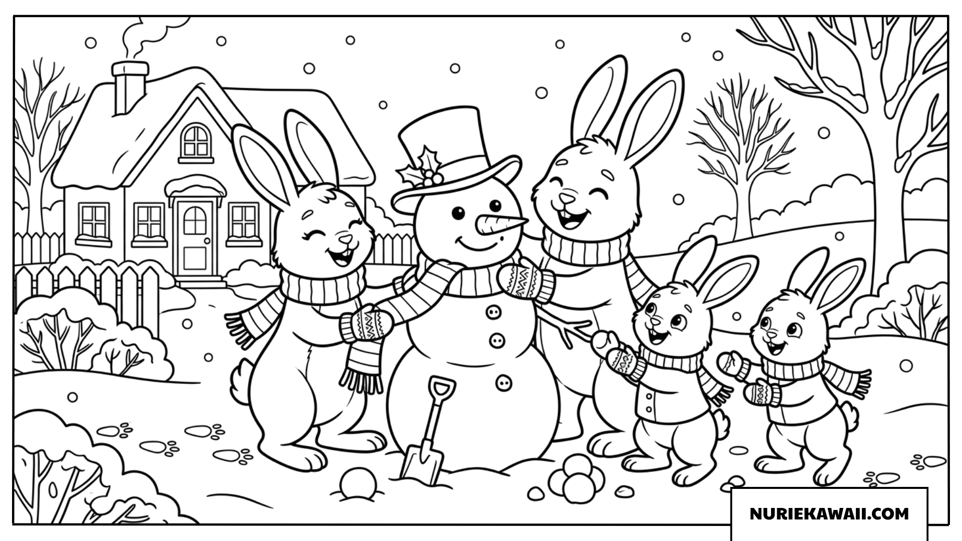 雪だるまを作るウサギの家族 塗り絵