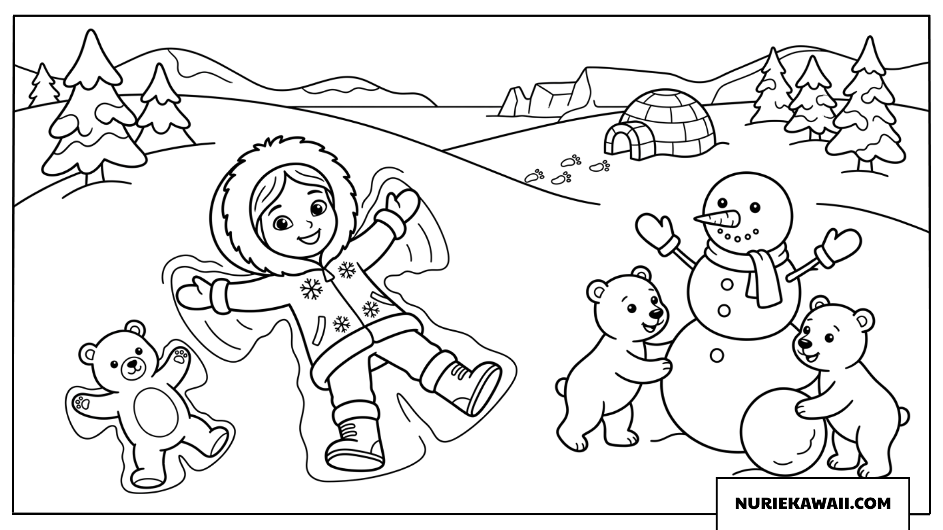 雪の上で可愛い子熊たちや雪だるまと一緒に楽しそうに遊ぶ小さなプリンセスの塗り絵