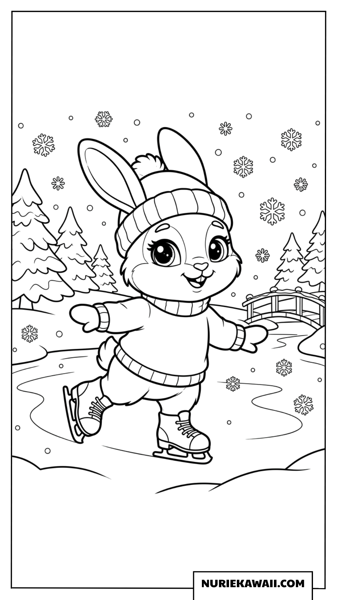 雪の日に楽しそうにアイススケートをする子ウサギの塗り絵