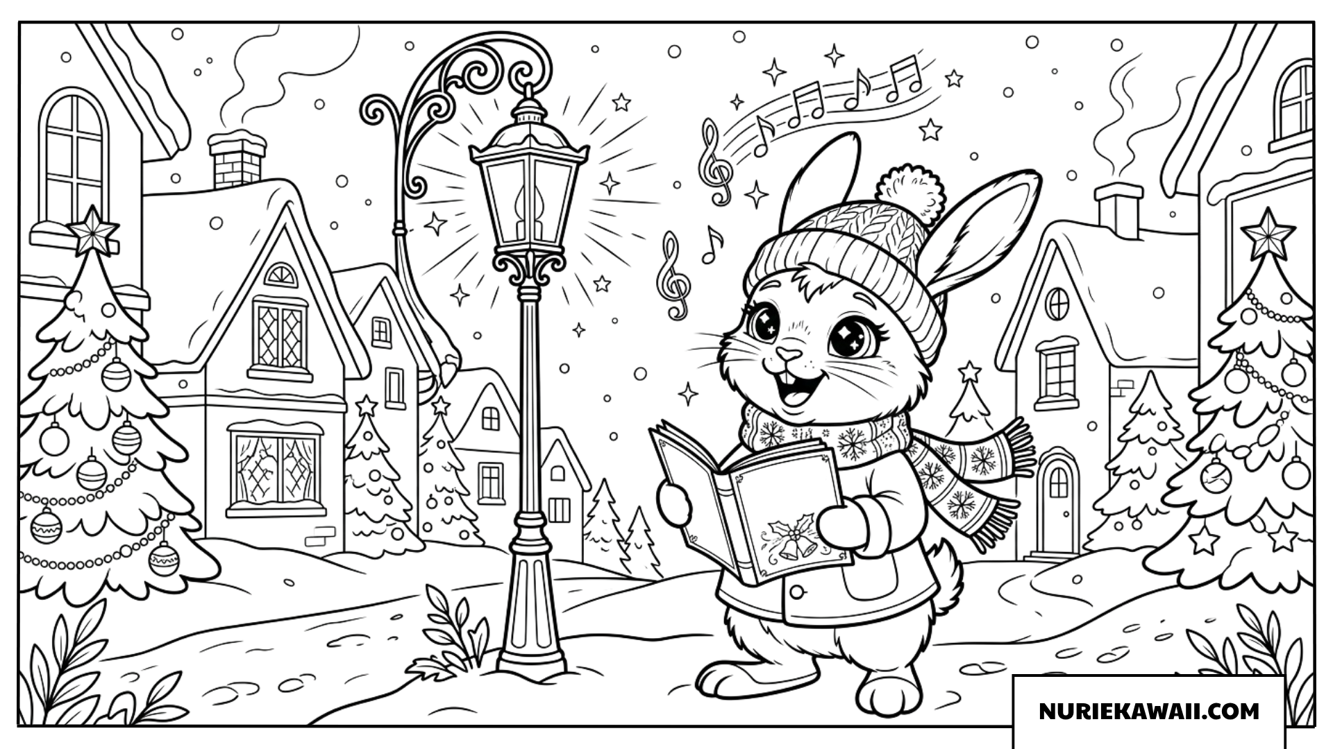 雪の街角でクリスマスキャロルを歌うウサギの塗り絵