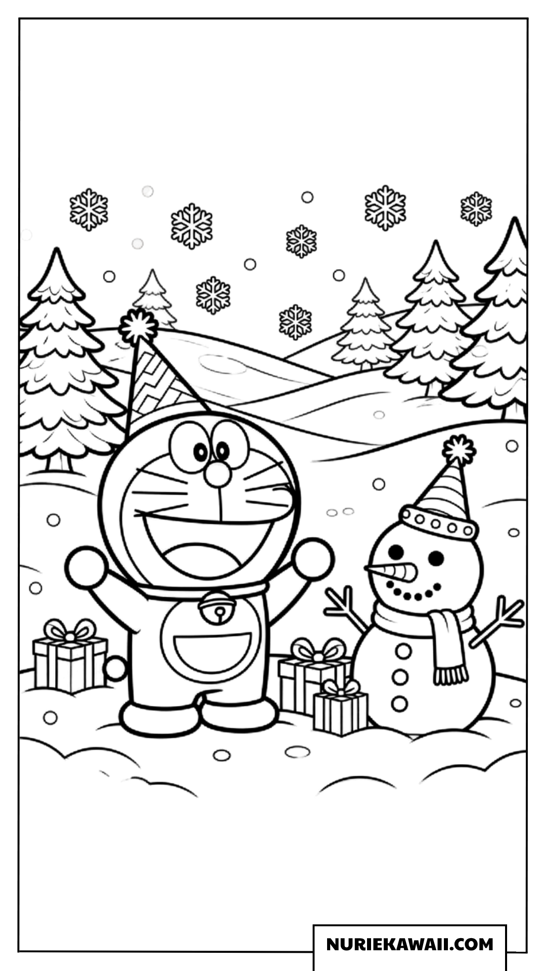 雪景色の中でスノーマンと誕生日をお祝いするドラえもんの塗り絵
