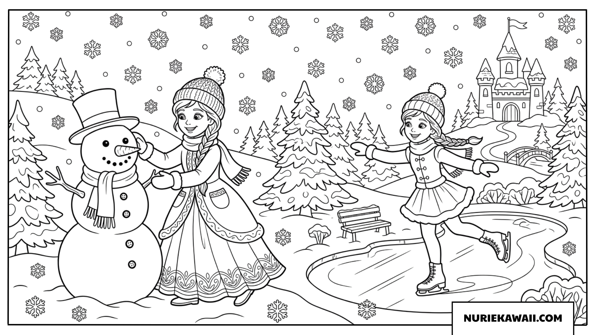 雪遊びを楽しむお姫様の塗り絵