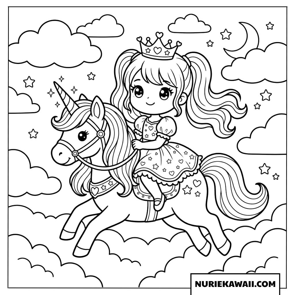 雲の上でユニコーンに乗る可愛いプリンセスの塗り絵