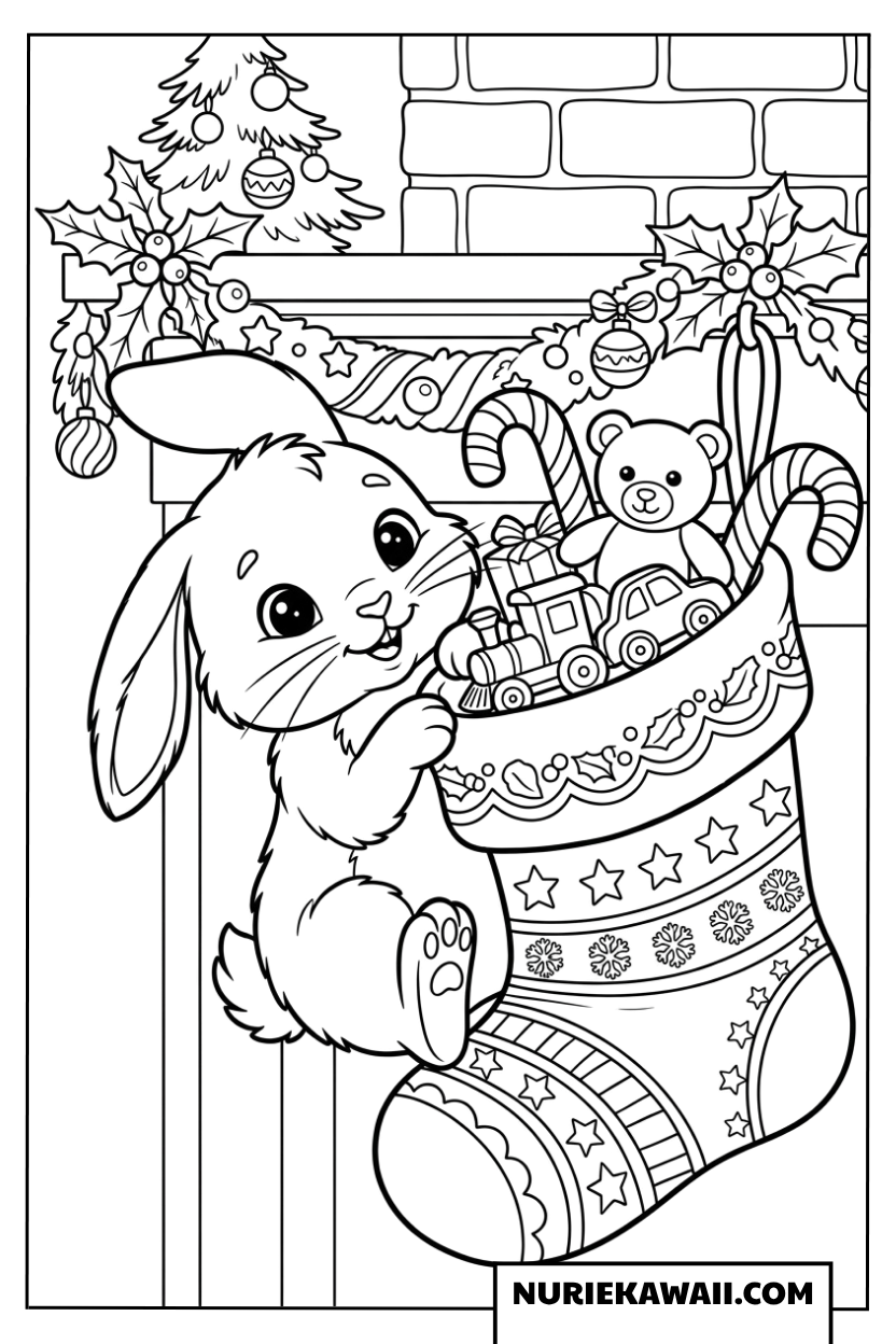 靴下のおもちゃと可愛い子ウサギ 塗り絵