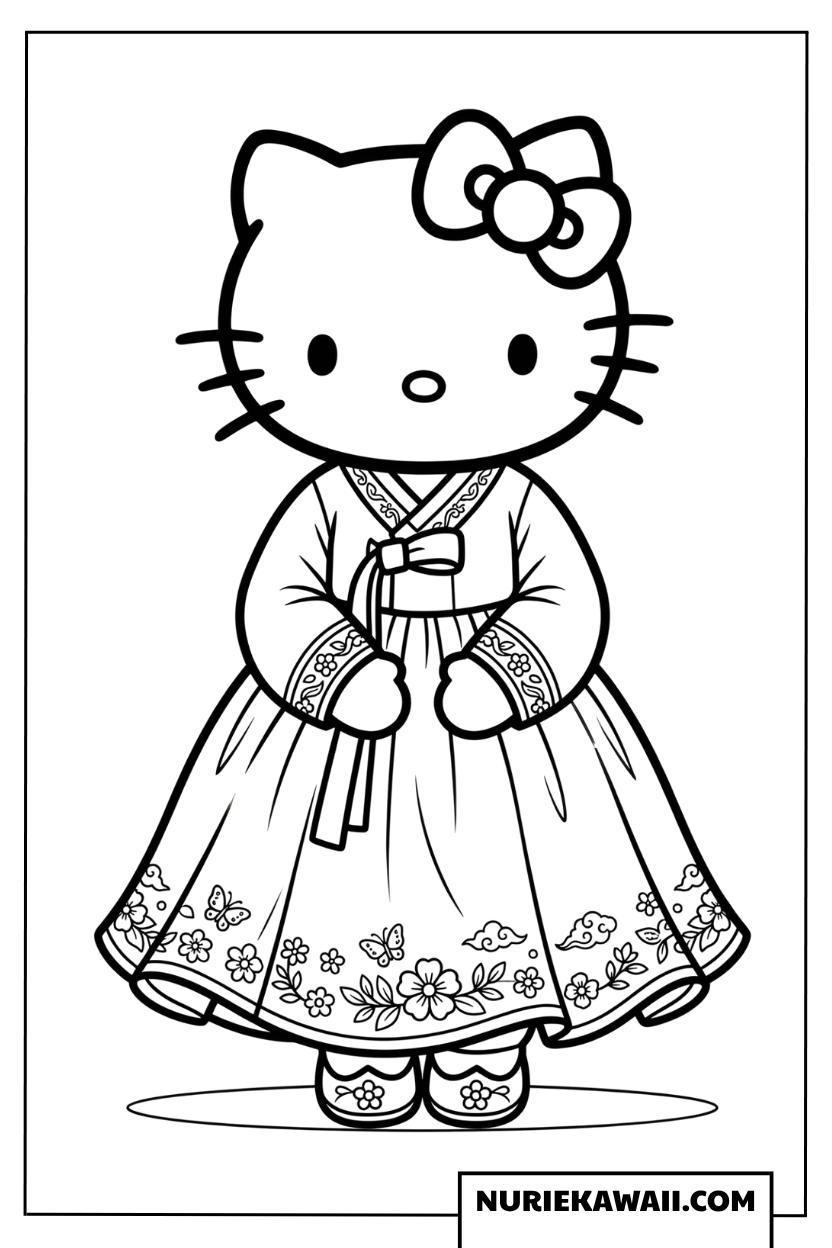 韓服を着た上品なハローキティの塗り絵
