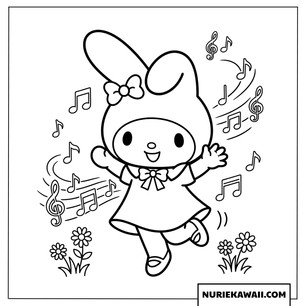 音符と一緒に楽しくダンスするマイメロディの塗り絵