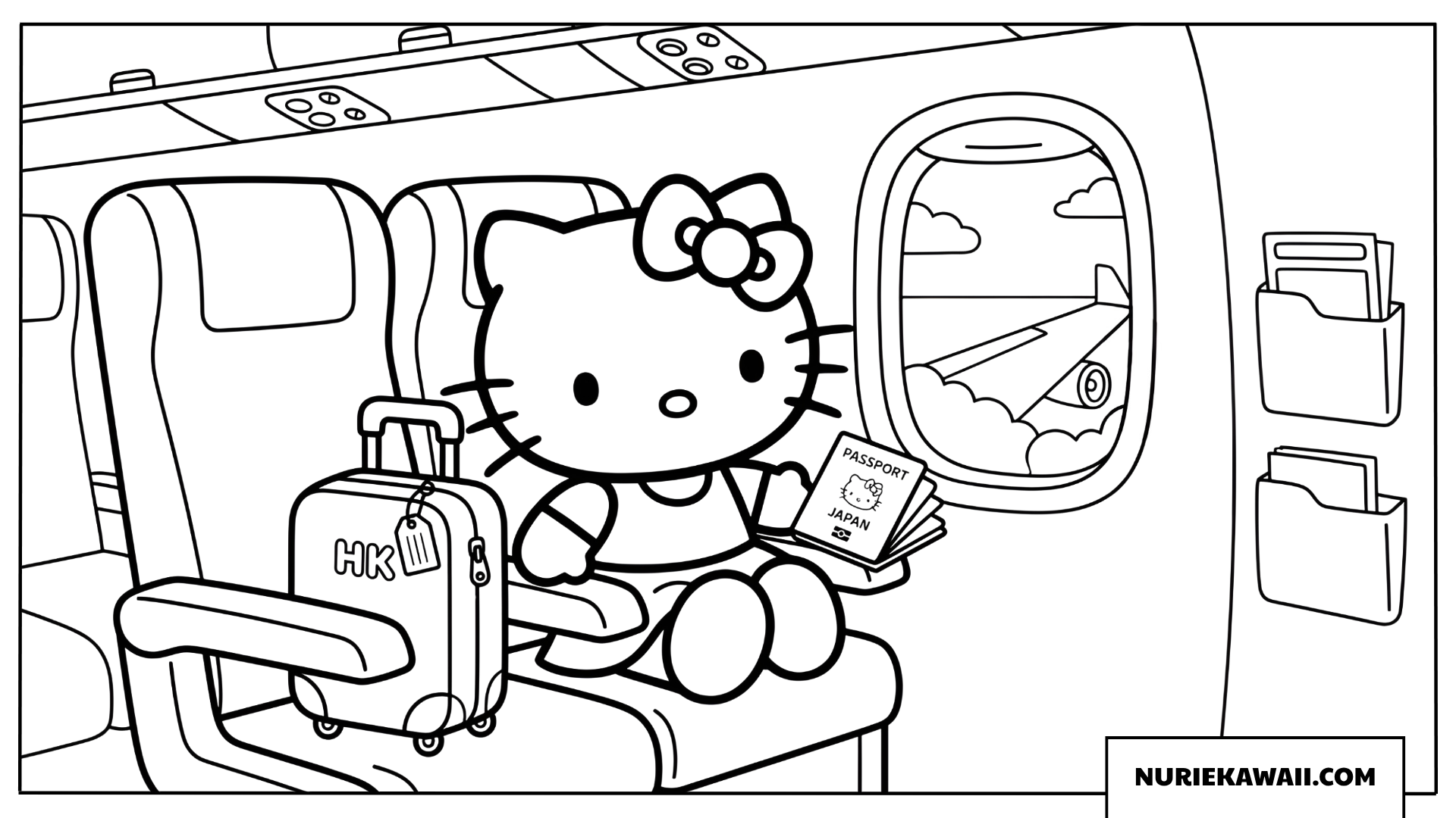 飛行機に乗ってパスポートを持つハローキティの塗り絵