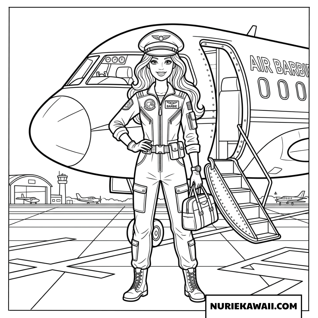 飛行機の前に立つ格好良いパイロットバービーの塗り絵