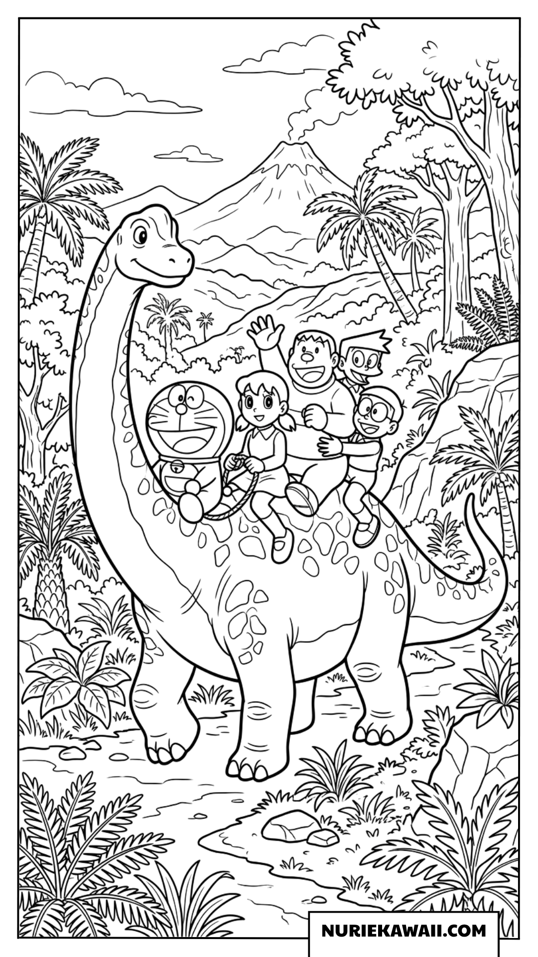 首長竜の背中に乗って恐竜時代を冒険する塗り絵