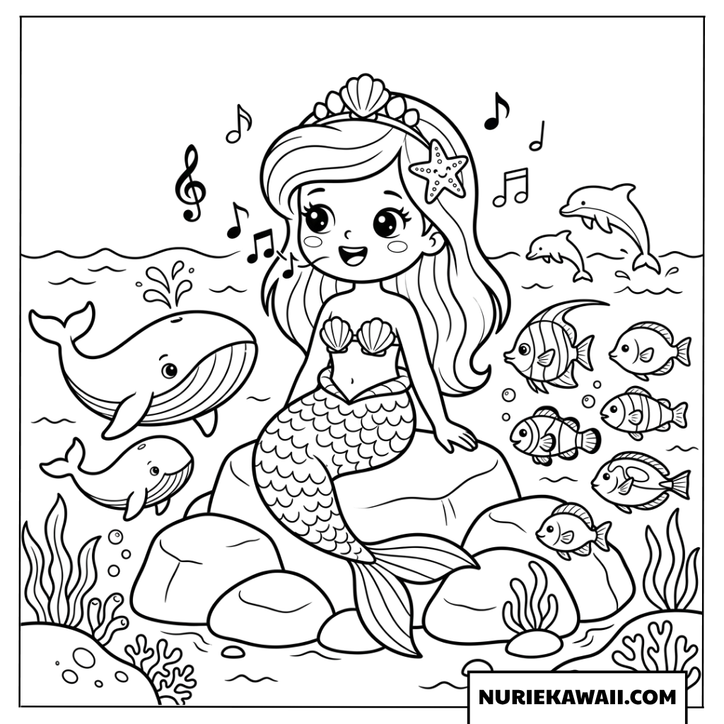 魚の友達と歌うマーメイドプリンセス 塗り絵
