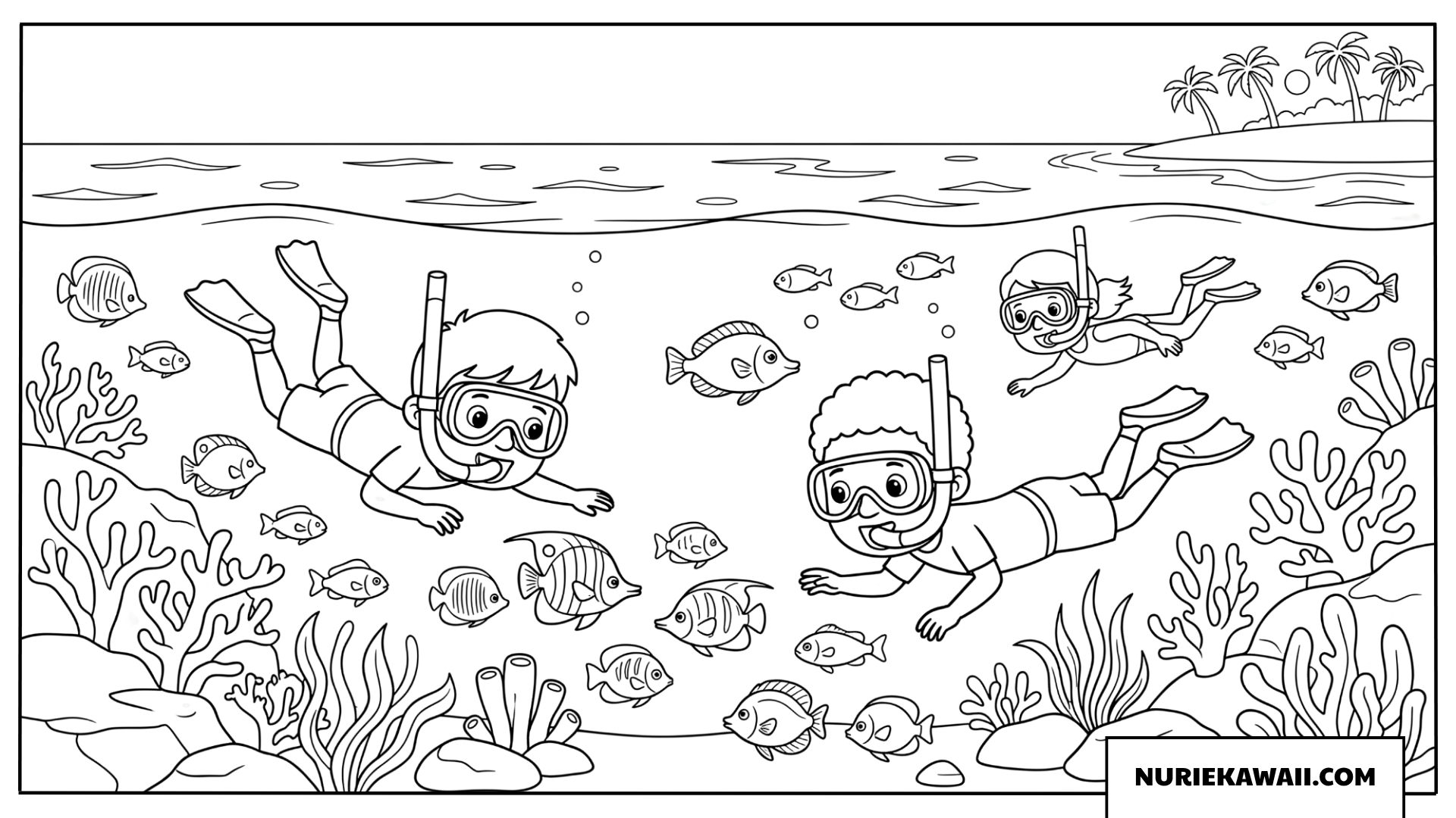 魚やサンゴ礁と一緒に海を泳ぐ子供たちのビーチ塗り絵